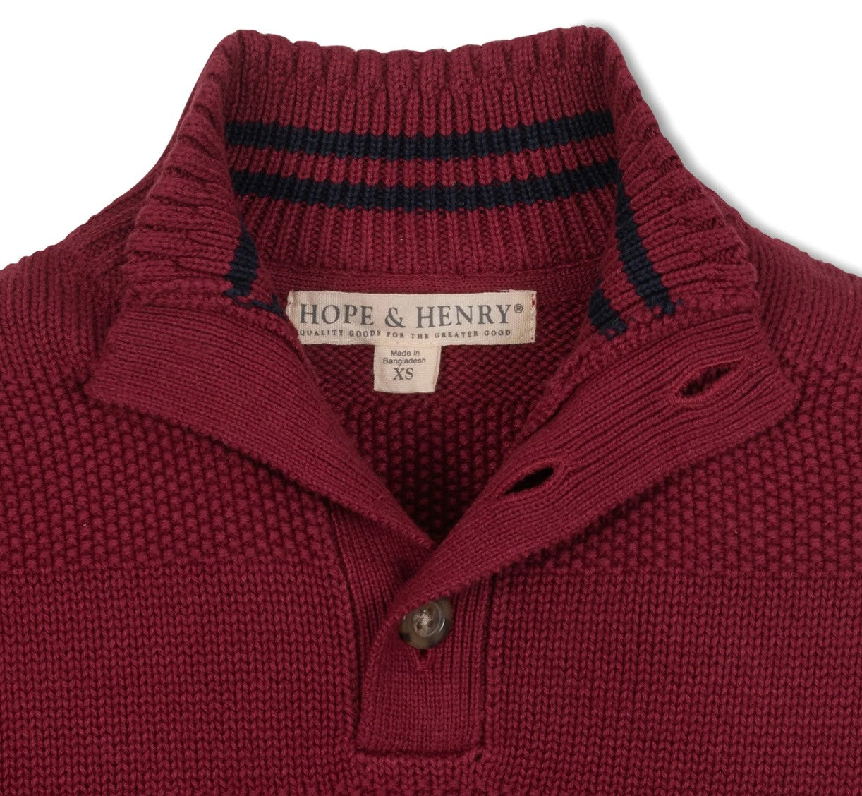 Red knit sweater with striped collar and Hope & Henry label on a white background