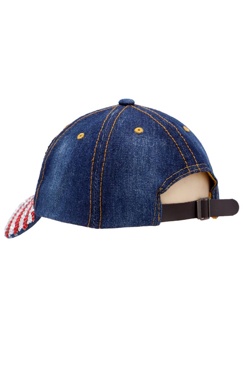 Blue denim cap with American flag brim on a white background