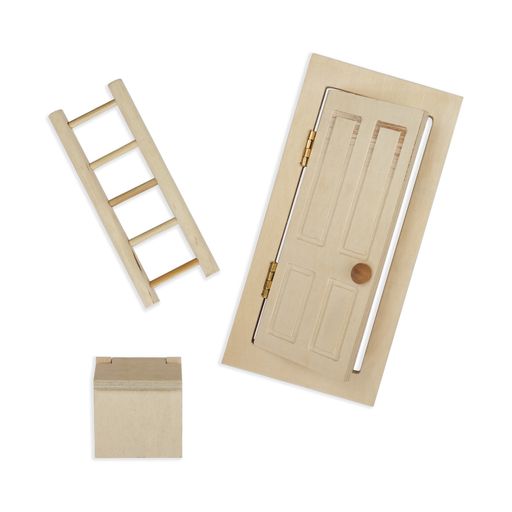 Miniature wooden door with a ladder on a white background