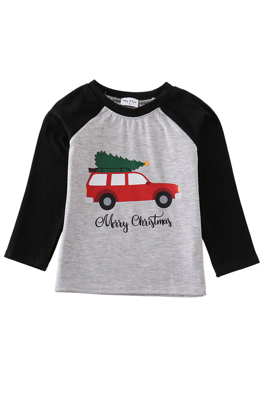 A gray raglan sleeve t-shirt with black sleeves, featuring a red car with a Christmas tree on it and the text 'Merry Christmas' on the front.