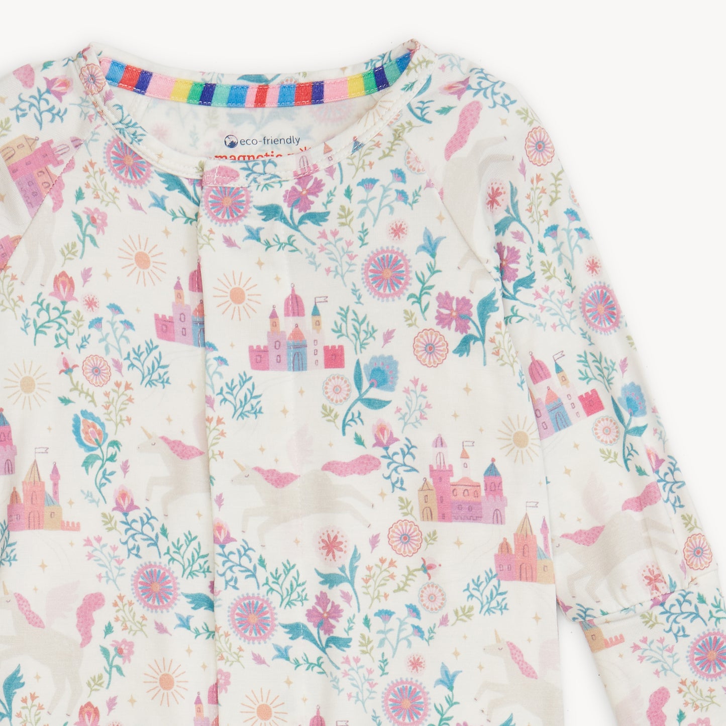 Children's long-sleeve shirt with castle and floral pattern on a white background