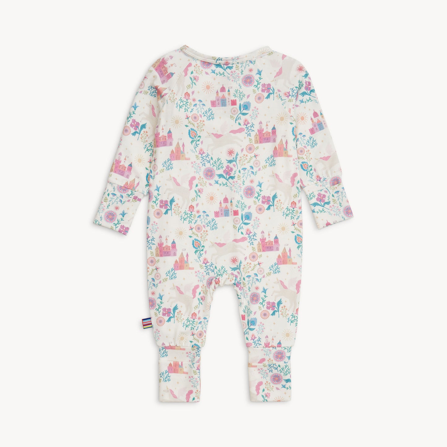 Back of Baby onesie with castle and floral pattern on a white background