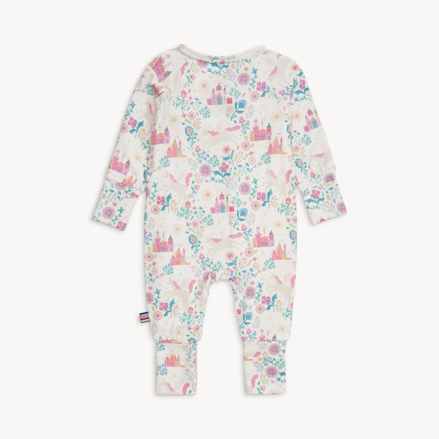 Back of Baby onesie with castle and floral pattern on a white background