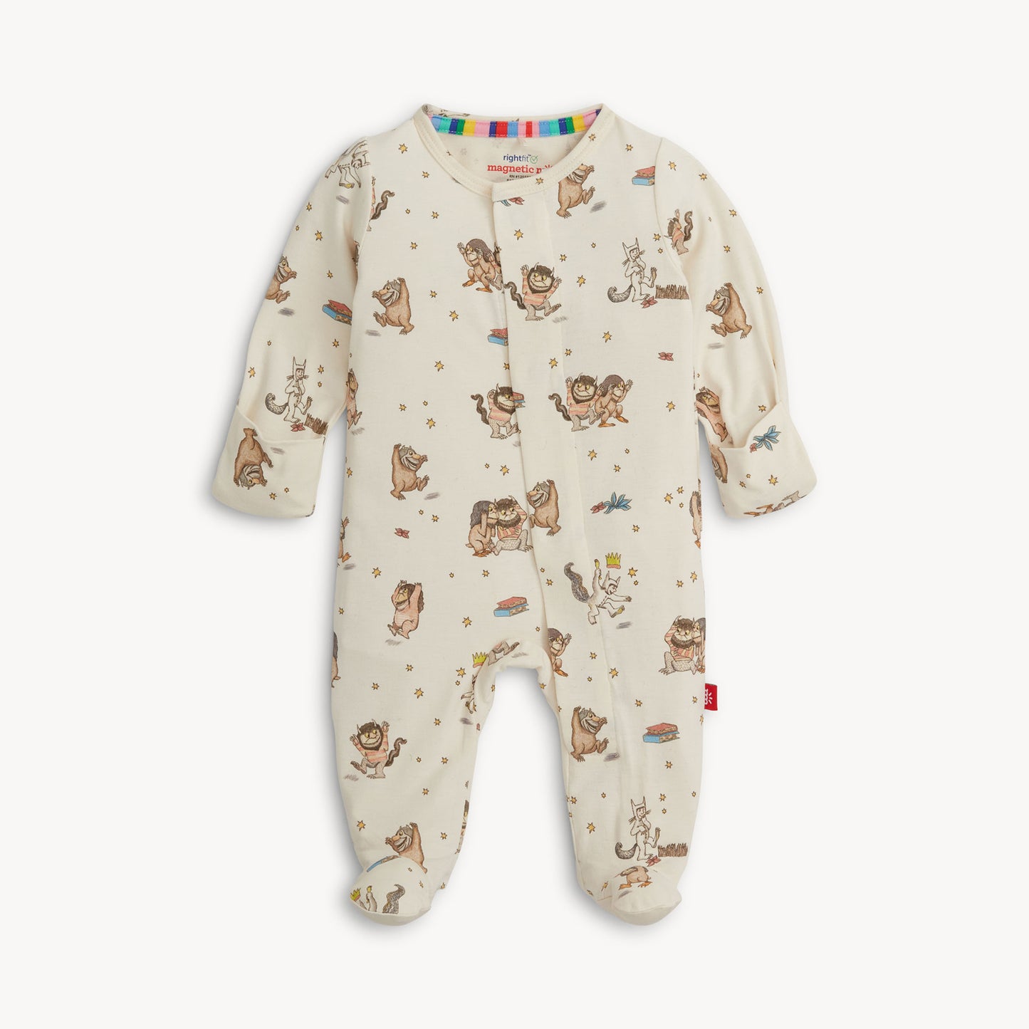 Baby footie with a Where the Wild Things Are print on a white background