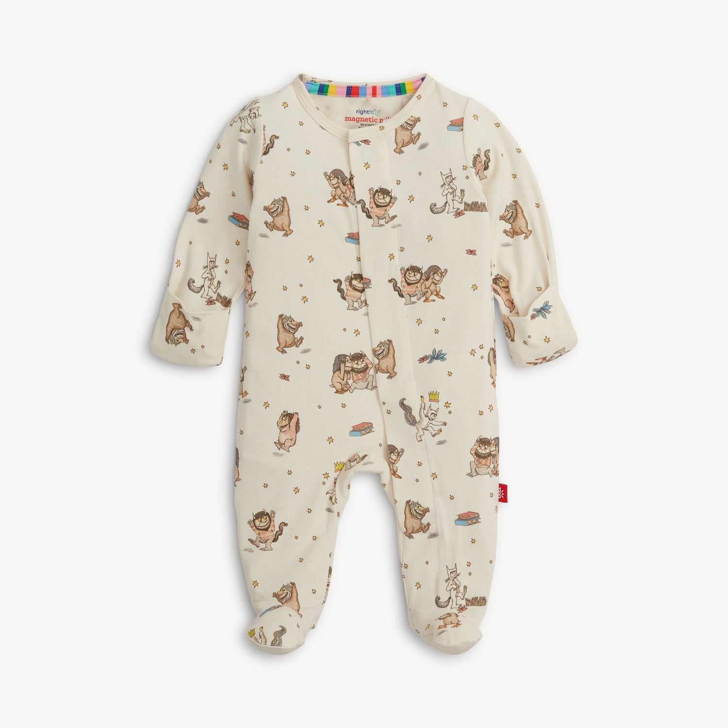 Baby footie with a Where the Wild Things Are print on a white background