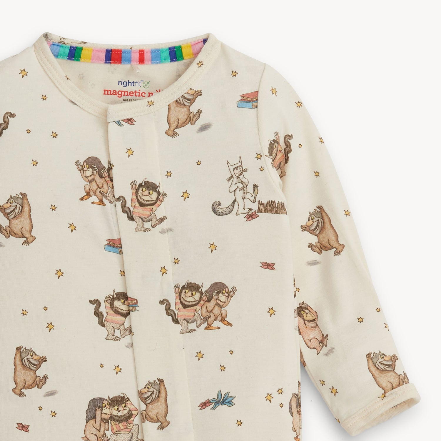 Baby long-sleeve footie with Where the Wild Things Are print on a white background