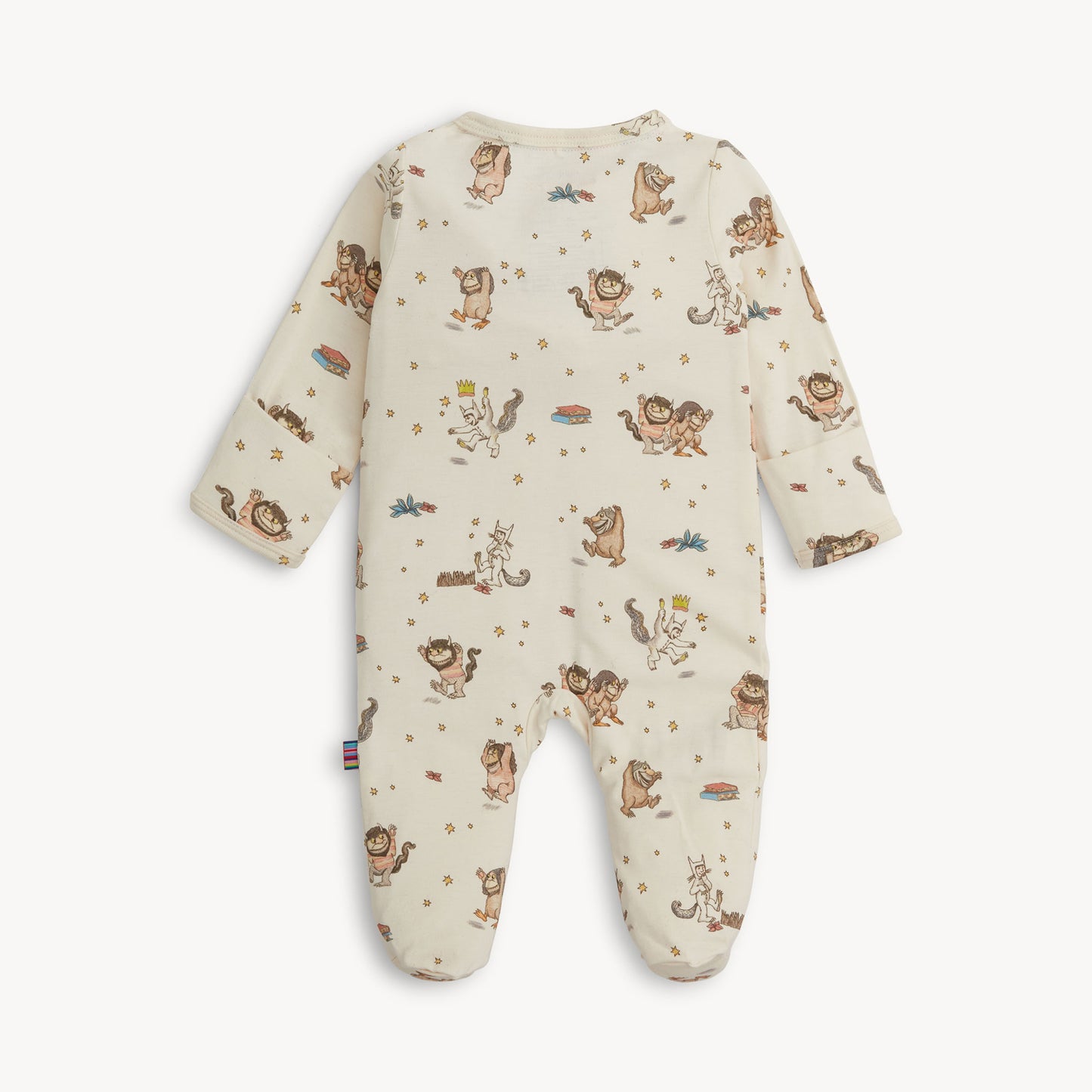 back of Baby footie with a Where the Wild Things are pattern on a white background