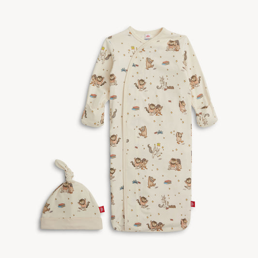 Baby sleeping gown with Where the Wild Things Are pattern and matching hat on a white background