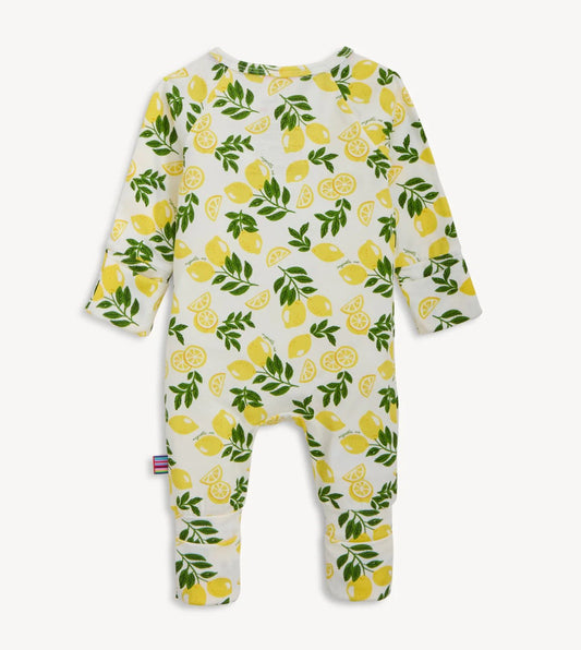 back of Baby coverall with lemon pattern on a white background