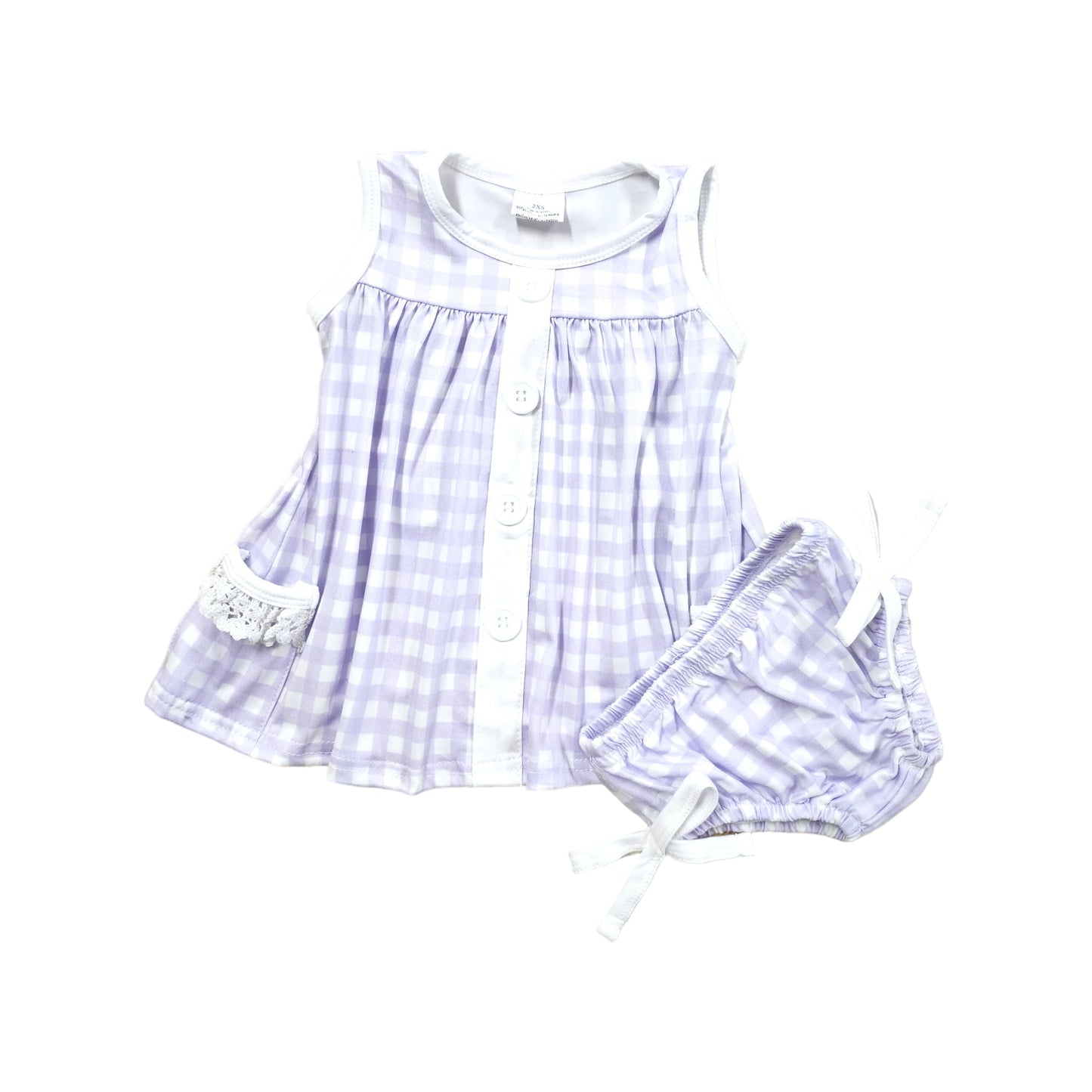 Light purple and white with lace and bows, two piece infant set. Fabric gingham check design