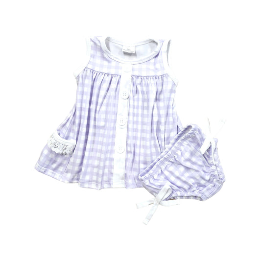 Light purple and white with lace and bows, two piece infant set. Fabric gingham check design