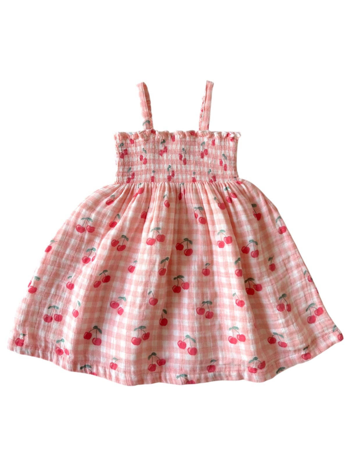 Pink checkered dress with cherry pattern on a white background