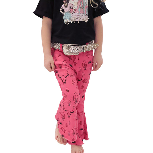 Nora Pink Steer Head Western Denim Flare Jeans
