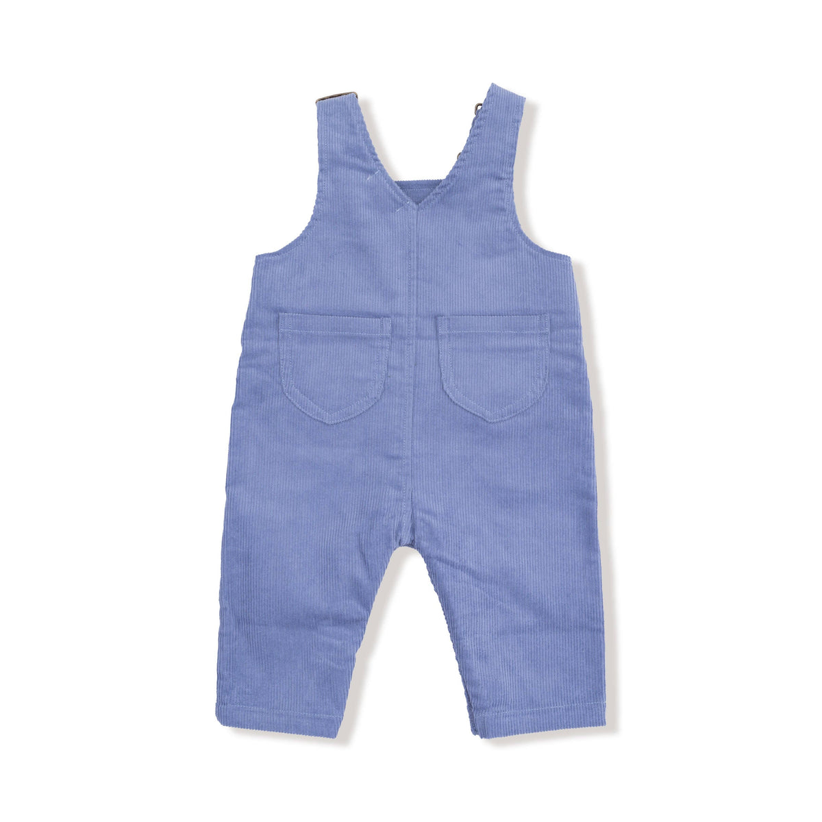 Blue corduroy overalls on a white background
