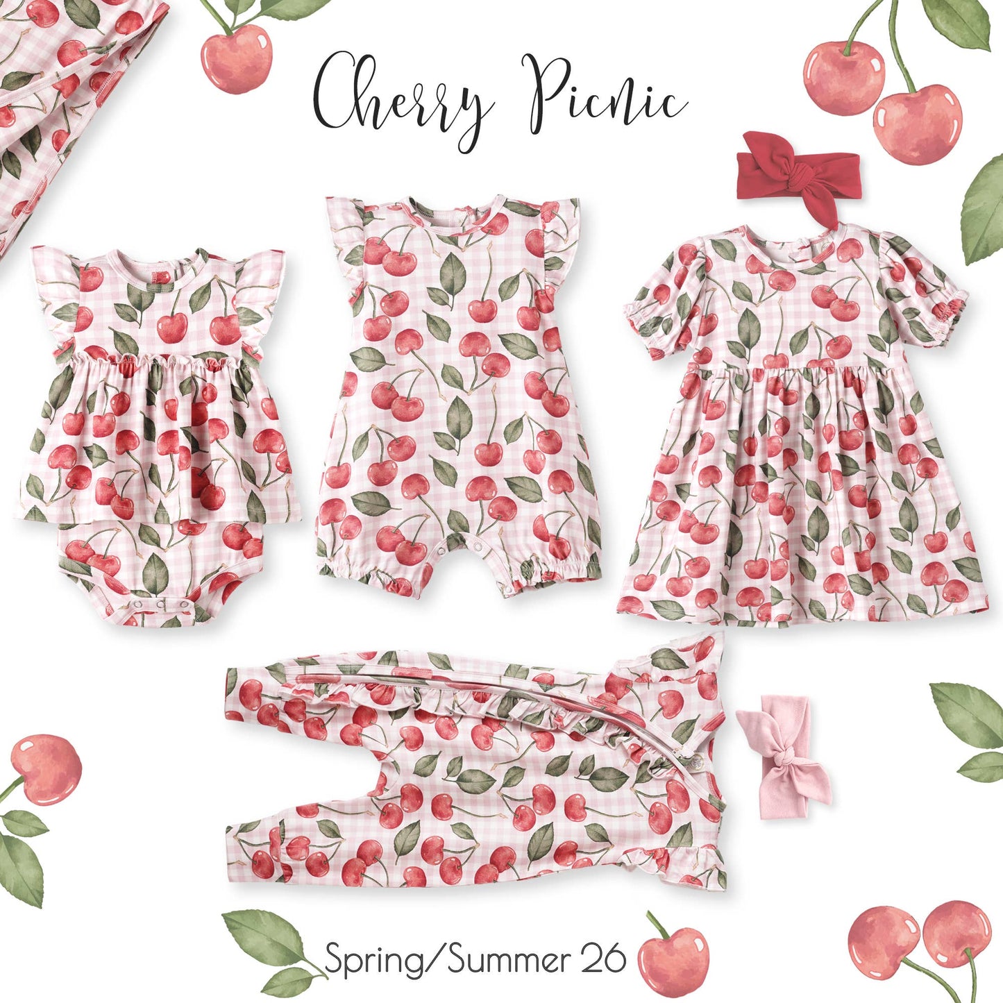 Children's clothing set with cherry pattern on a white background, featuring romper, dress, and leggings.