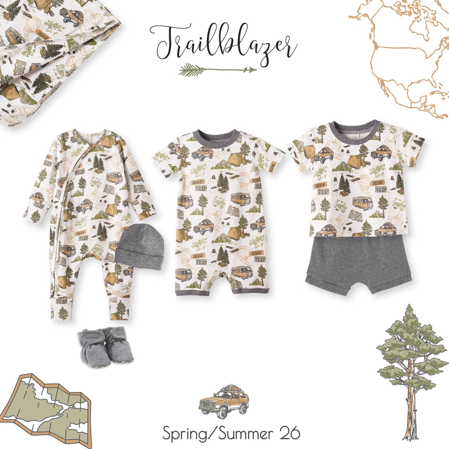 Children's clothing set with 'Trailblazer' branding and nature-themed designs on a white background.