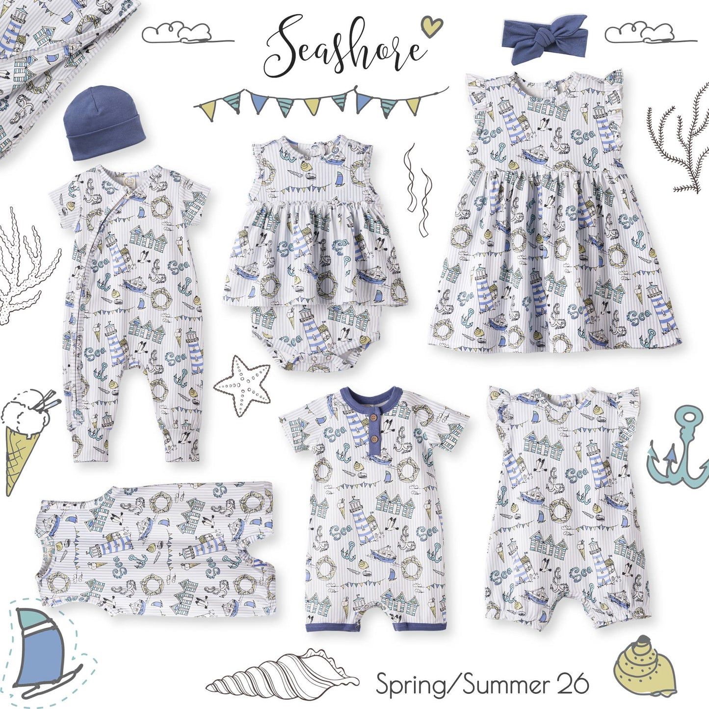 Collection of children's clothing with seashore theme and 'Seashore' text.