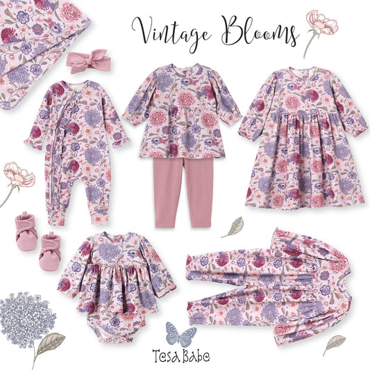 Collection of floral baby clothing and accessories with 'Vintage Blooms' text and 'Tessa Babe' branding.