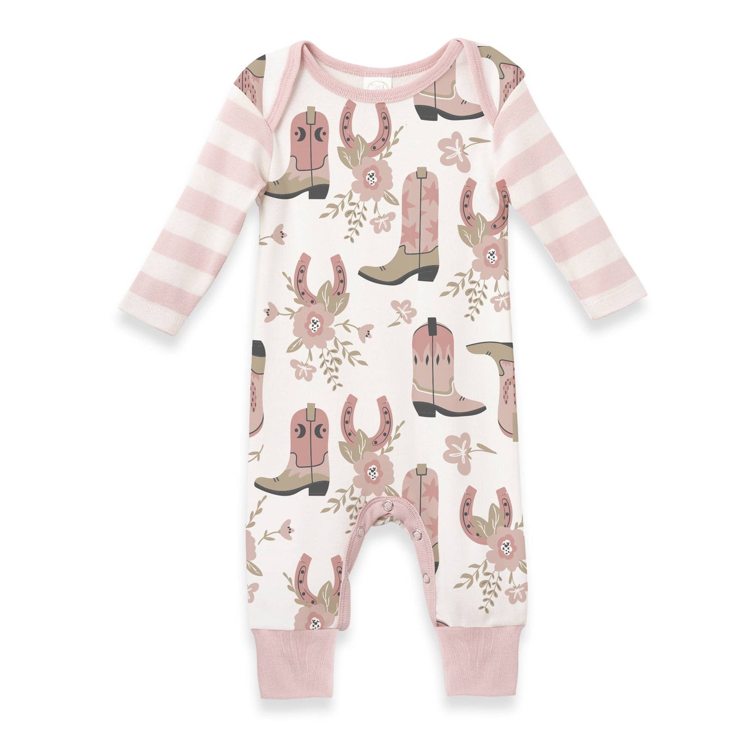 Pink and white western boots print romper
