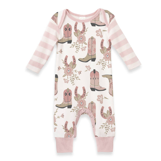 Pink and white western boots print romper