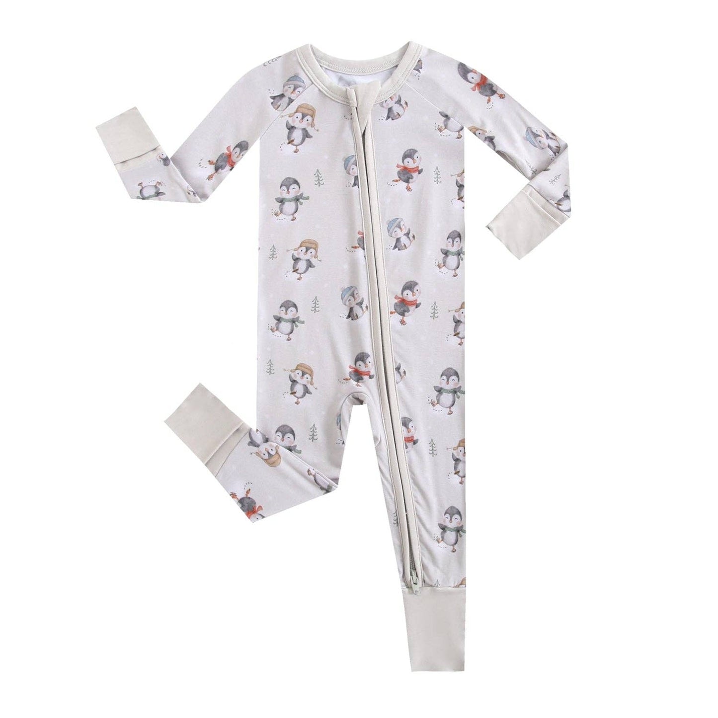 Baby onesie with a pattern of penguin cartoon characters on a white background