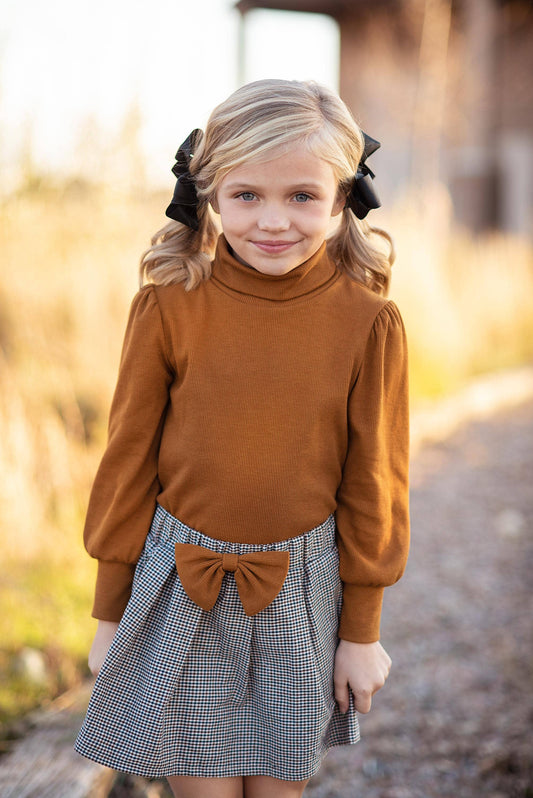 Lainey Carmel Puff Sleeve Top & Bow Check Skirt Set