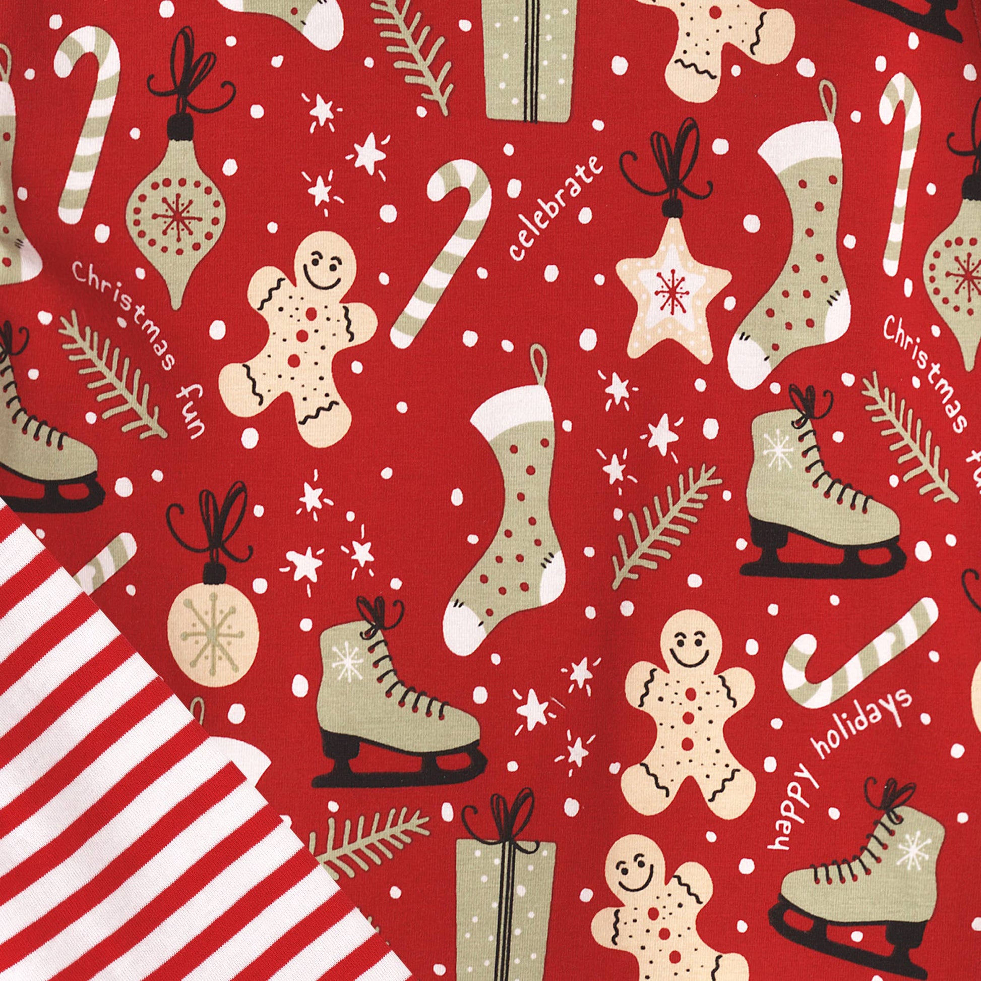 Christmas-themed pattern with gingerbread men, candy canes, and skates on a red background.
