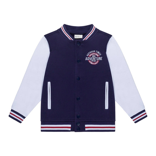 A toddler varsity jacket in blue and white colors with a collar, buttons, and a design on the chest.