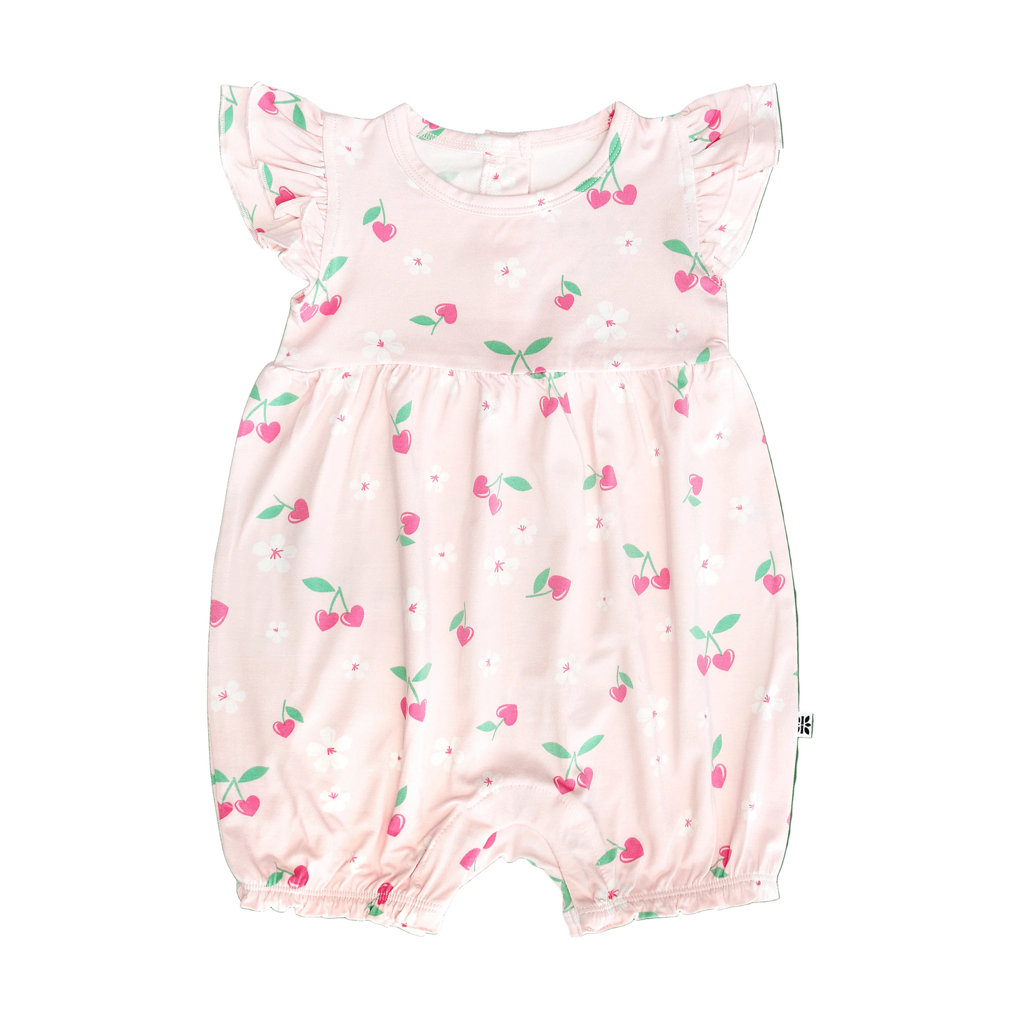 Pink baby romper with cherry pattern on a white background