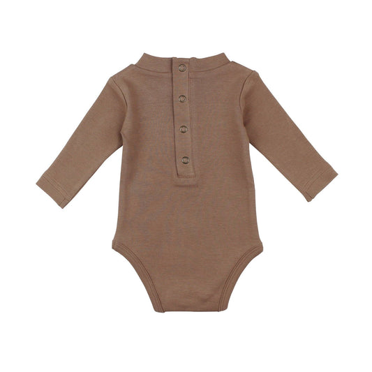 back of Brown baby bodysuit with button details on a white background
