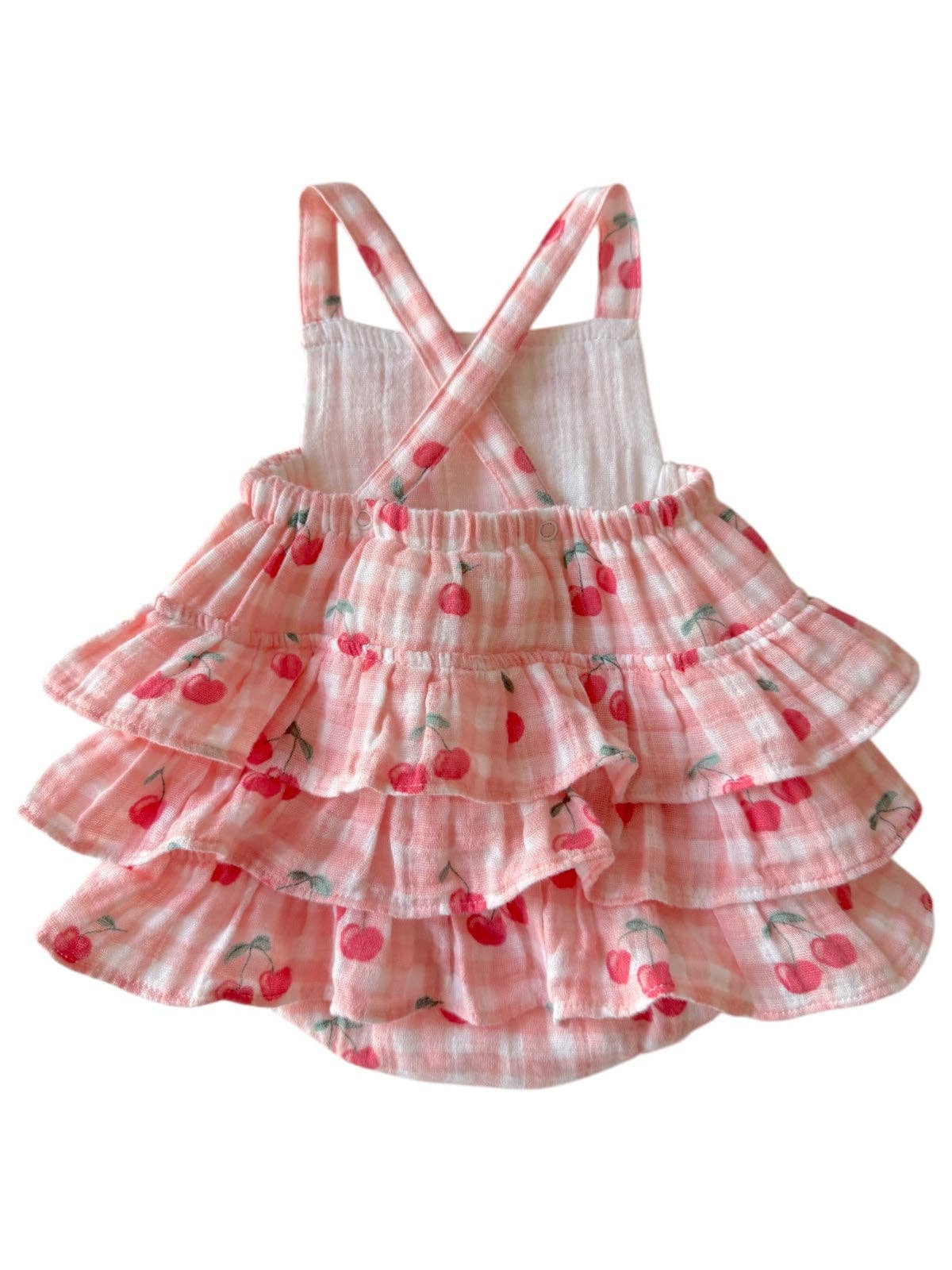 back of Pink ruffled romper with cherry pattern on a white background