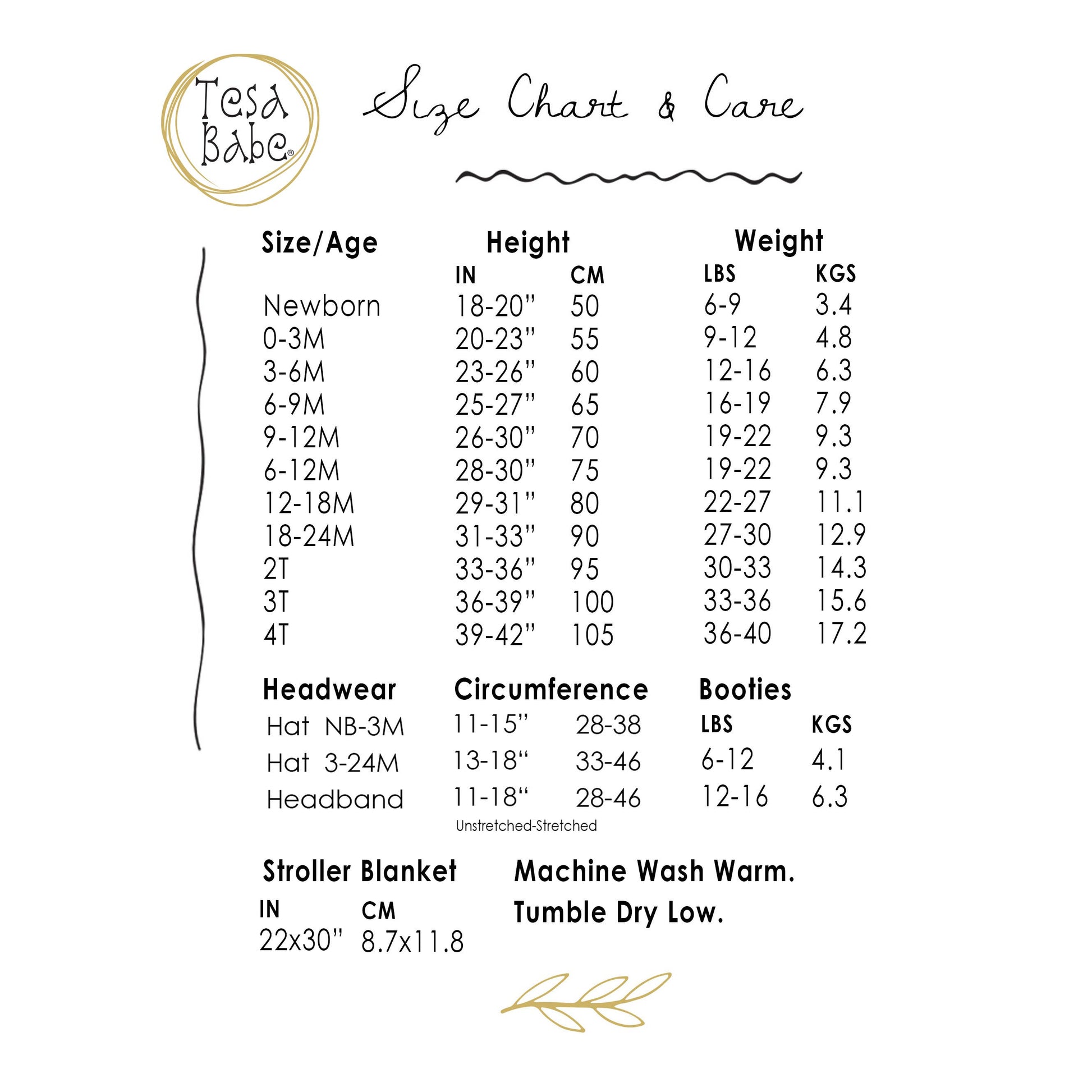 Size chart and care instructions for clothing and accessories.