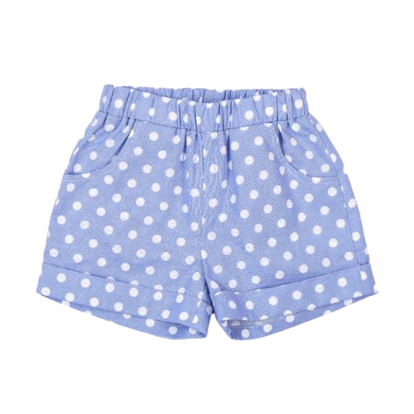 Blue shorts with white polka dots on a white background