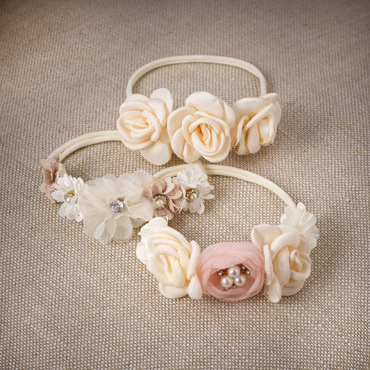 Savannah Girl's Headband with Faux Flowers  & Pearls: Ivory/Pink / 1S