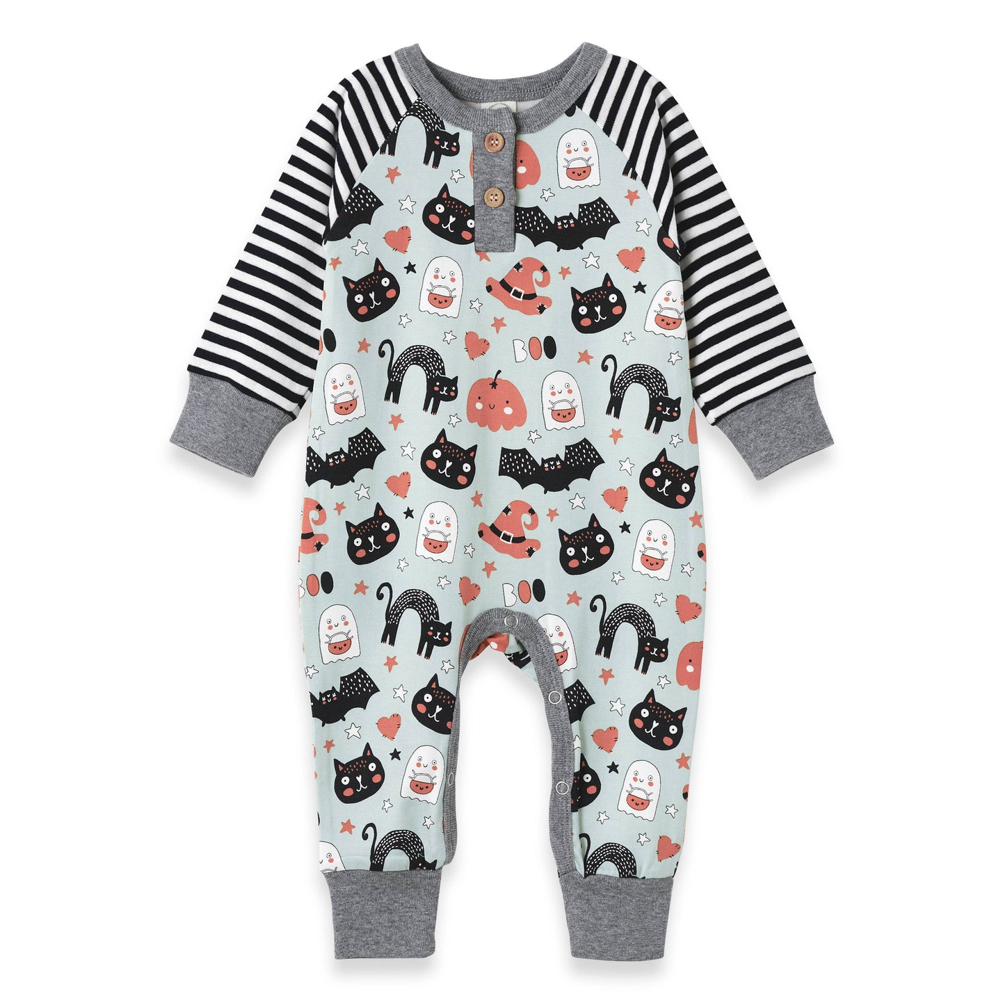 Baby onesie with Halloween-themed pattern on a white background