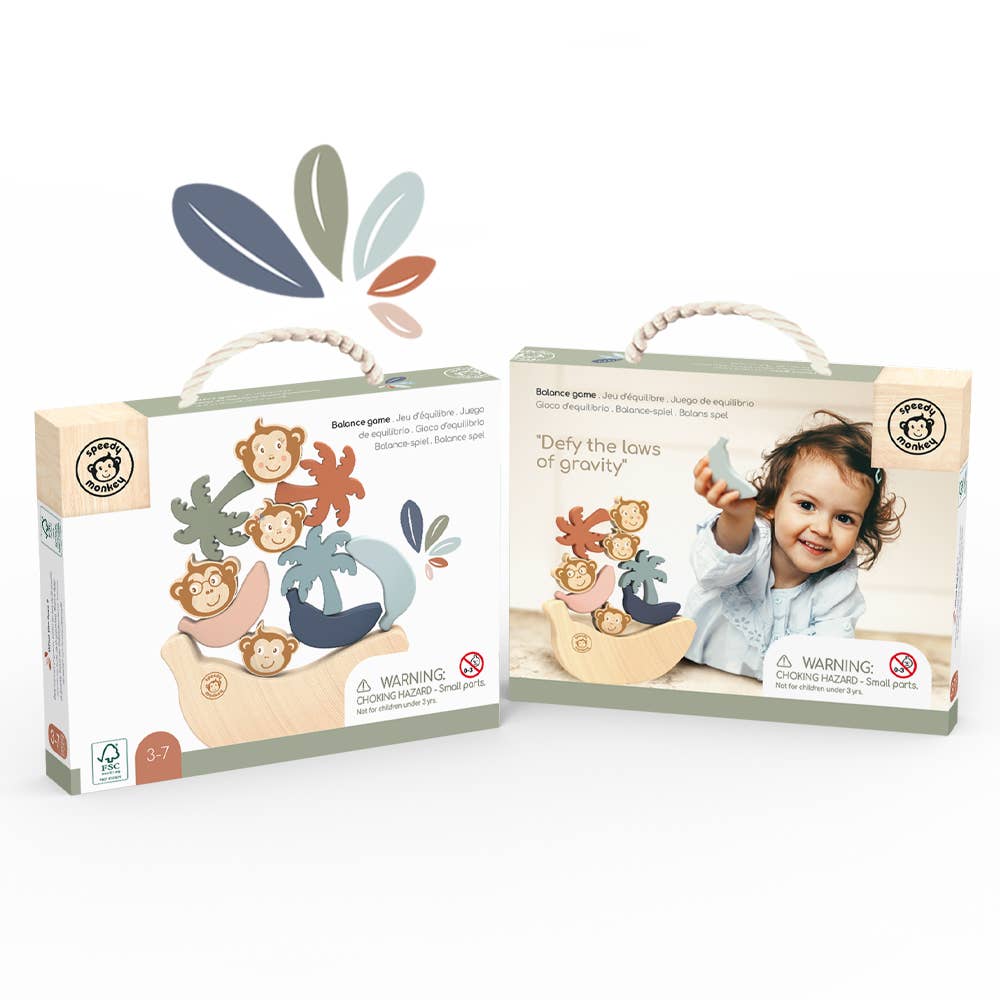 Two packaging boxes for a children's toy with colorful monkey illustrations and a child holding a bird.