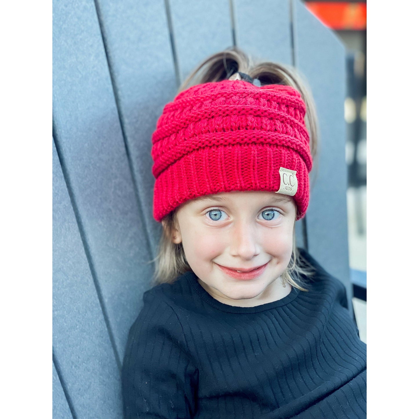 Kids Solid Classic CC Beanie Pony Tail Red