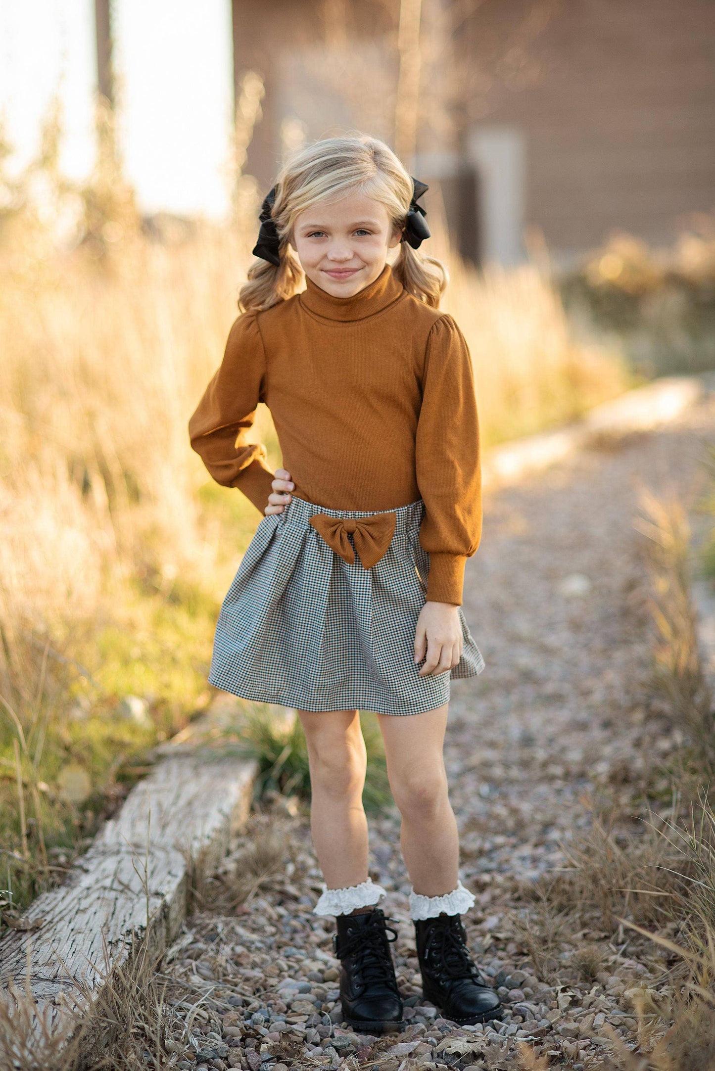 Lainey Carmel Puff Sleeve Top & Bow Check Skirt Set