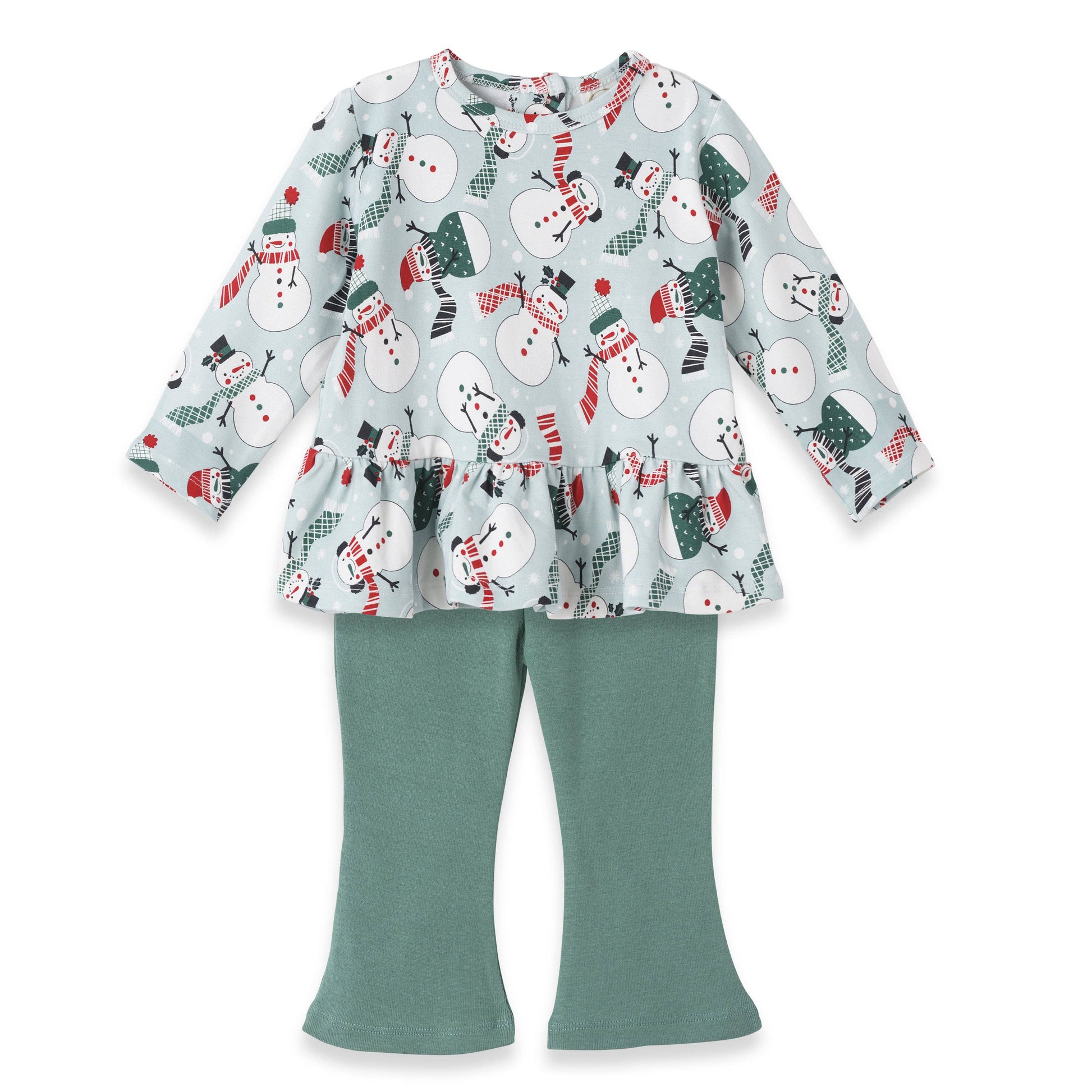 A festive Christmas outfit set for girls, consisting of a top with snowmen and snowflakes print and green leggings.