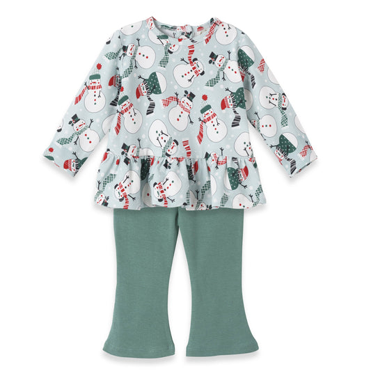 A festive Christmas outfit set for girls, consisting of a top with snowmen and snowflakes print and green leggings.