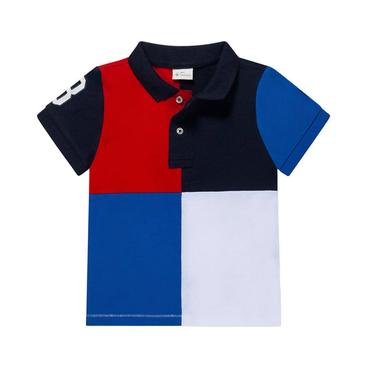 A short-sleeved boys' polo shirt with a color block design in red, white, and blue, featuring a collar and buttons at the neck.