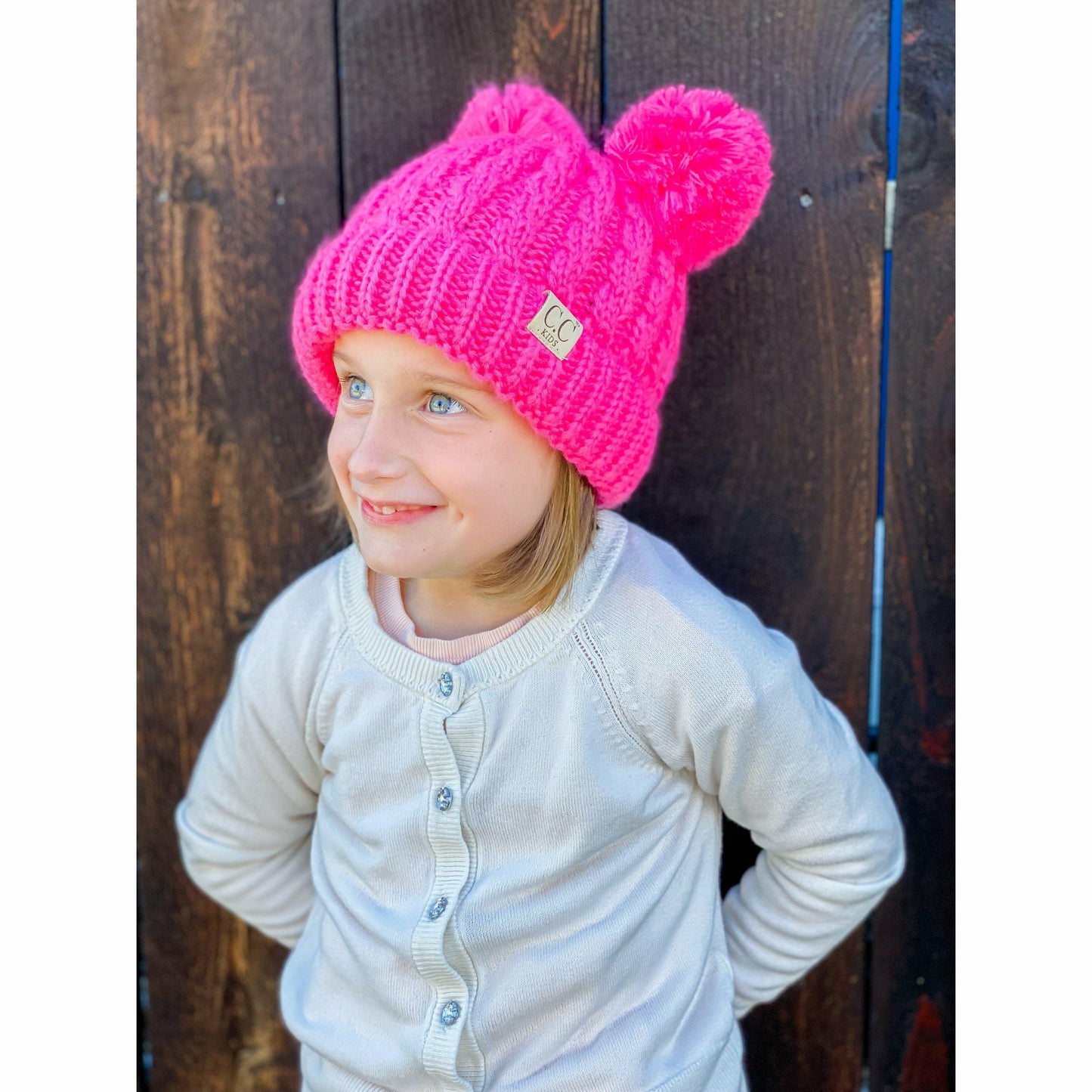 Kids Solid Double Pom CC Beanies New Candy Pink