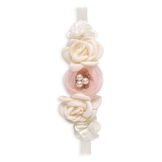 Savannah Girl's Headband with Faux Flowers  & Pearls: Ivory/Pink / 1S
