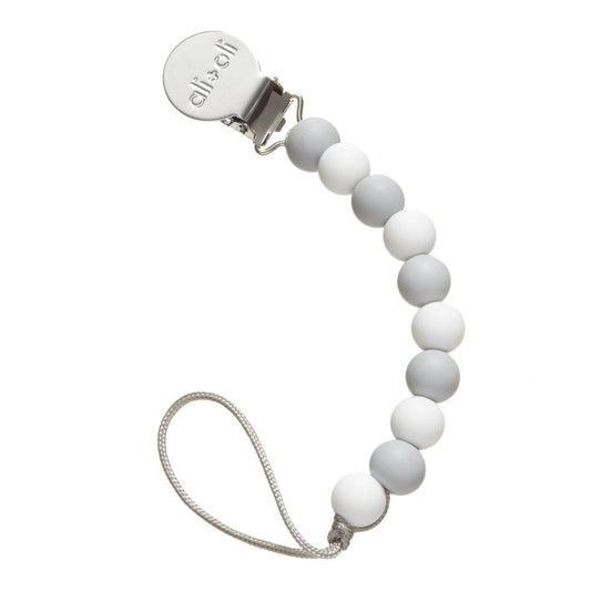 pacifier clip with white and gray beads and a clip on a white background