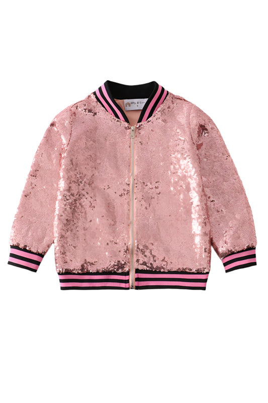 pink sequin bomber jacket with zipper