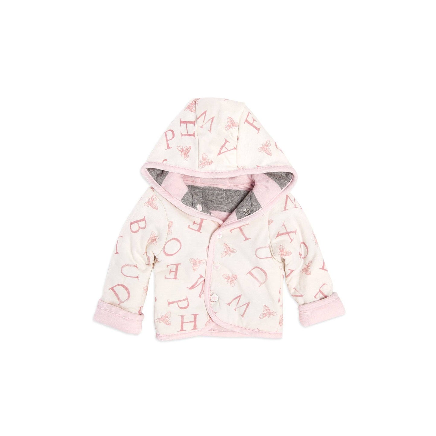 Reverse side hooded infant jacket with letter pattern on a white background