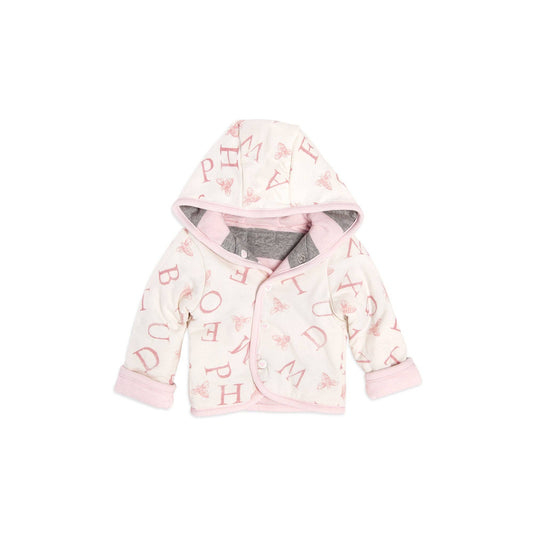 Reverse side hooded infant jacket with letter pattern on a white background