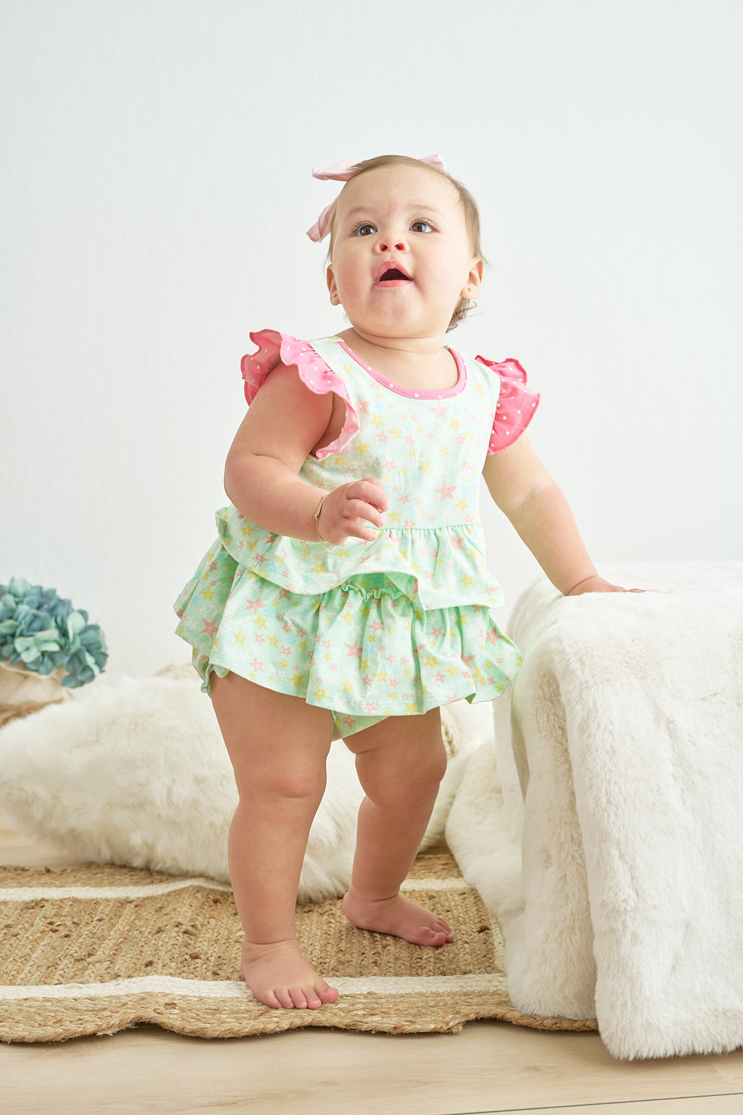 Star Print Ruffle Girl Romper