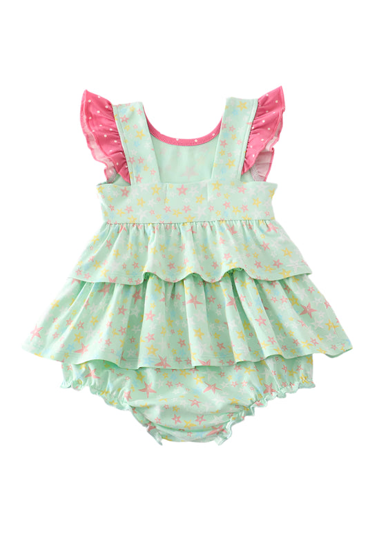 Star Print Ruffle Girl Romper