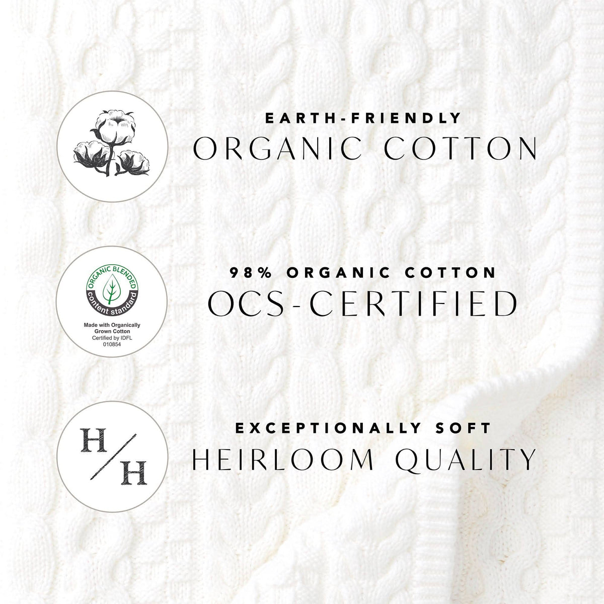 Text and logos about organic cotton with a white fabric background